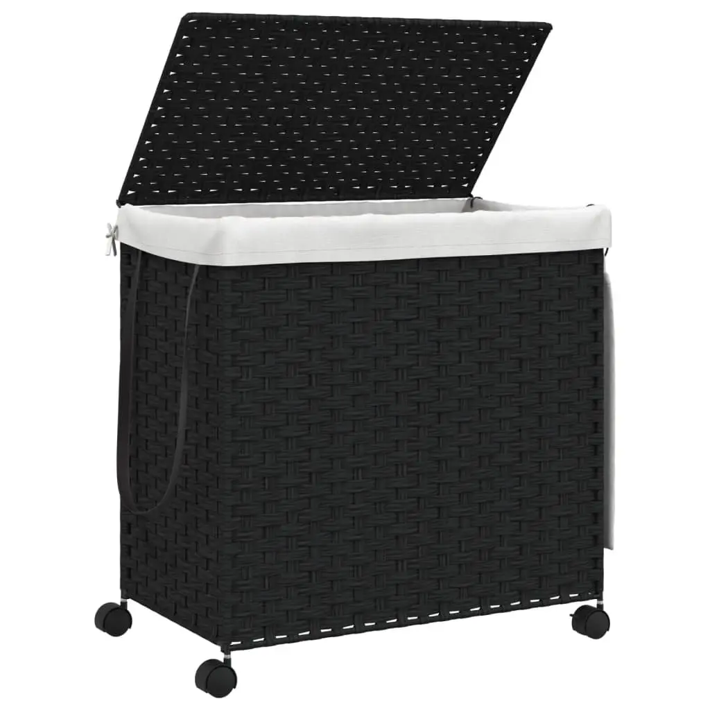 Rattan Laundry Hamper Black 60x35x60.5cm With Wheels Three Compartments Removable Lid