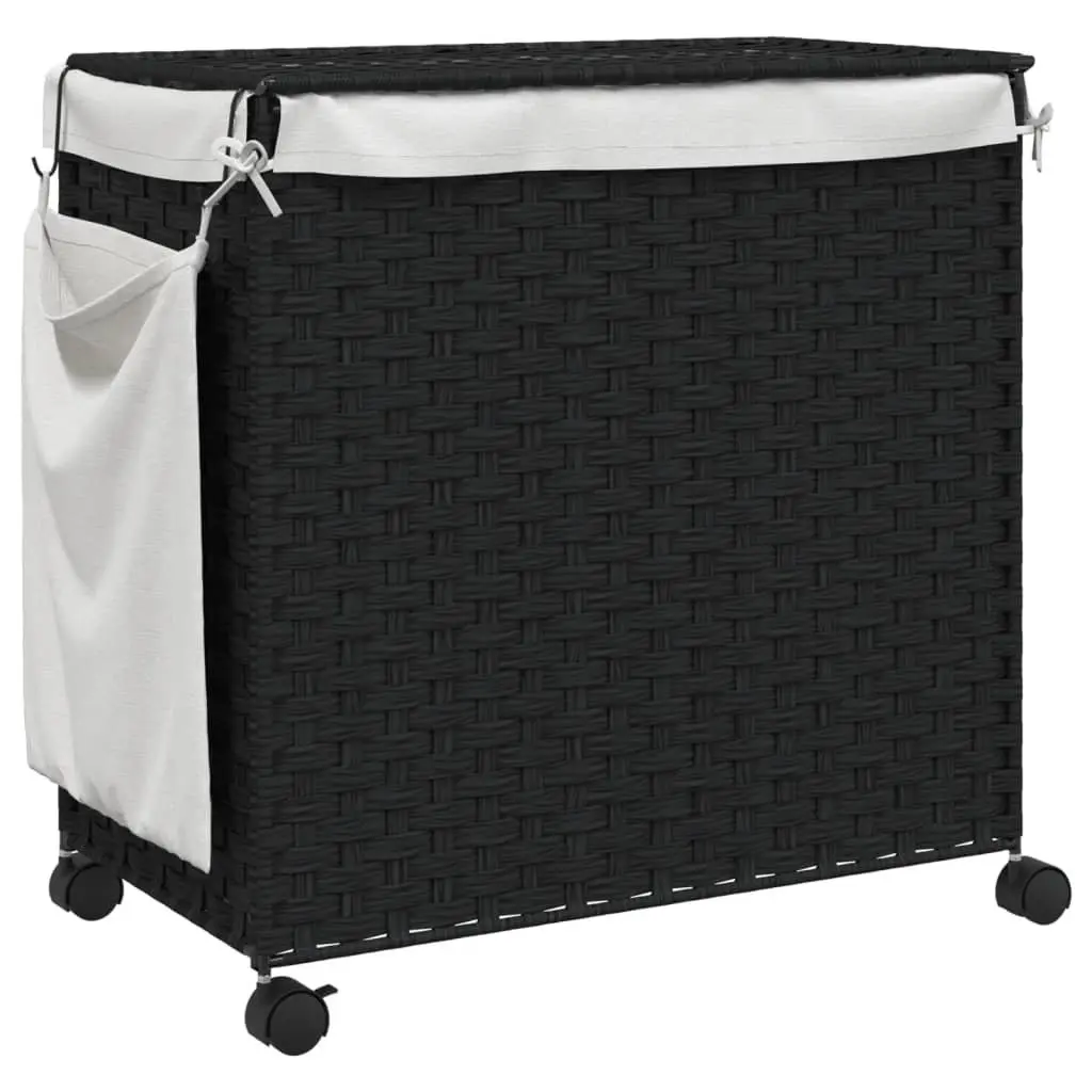 Rattan Laundry Hamper Black 60x35x60.5cm With Wheels Three Compartments Removable Lid