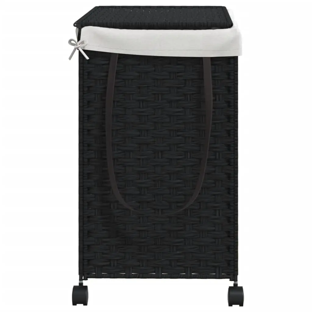 Rattan Laundry Hamper Black 60x35x60.5cm With Wheels Three Compartments Removable Lid