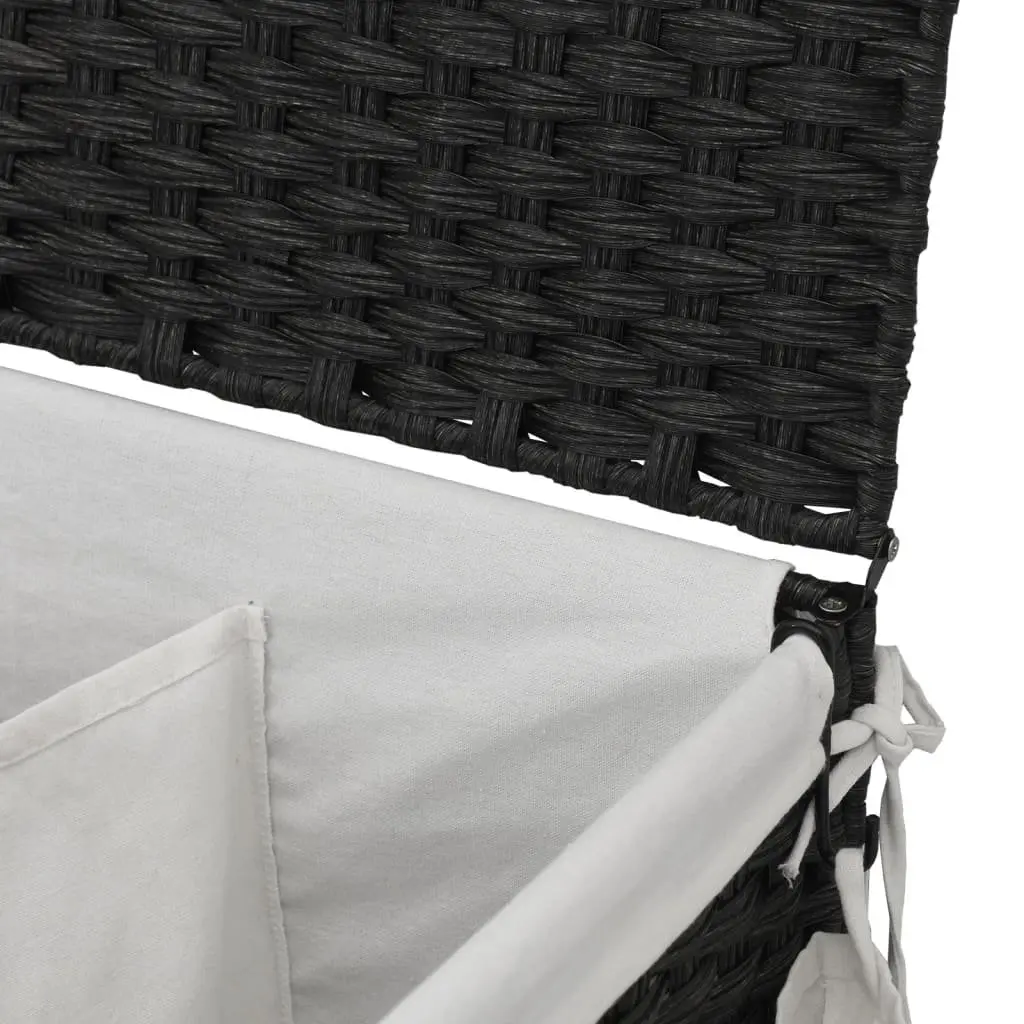Rattan Laundry Hamper Black 60x35x60.5cm With Wheels Three Compartments Removable Lid