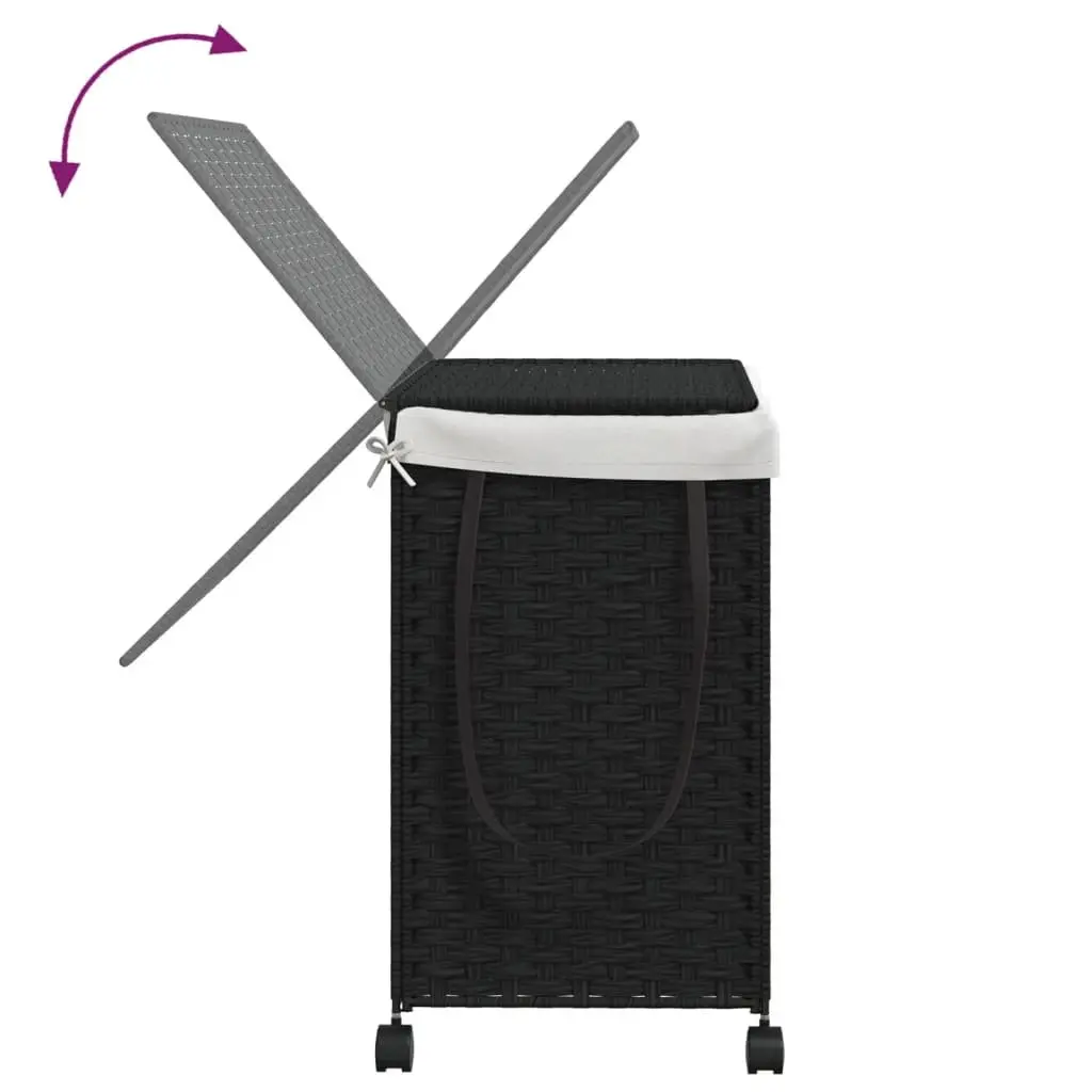 Rattan Laundry Hamper Black 60x35x60.5cm With Wheels Three Compartments Removable Lid