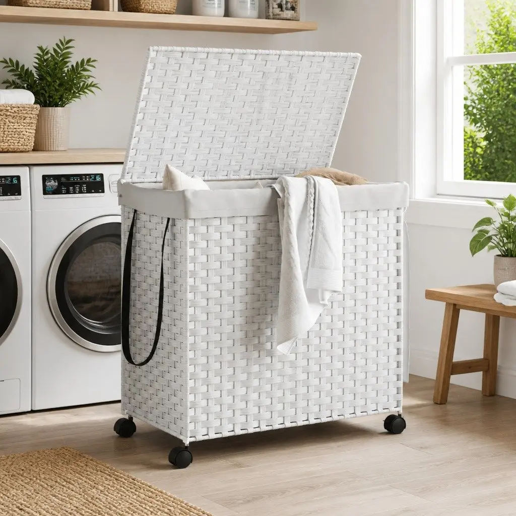 Rattan Laundry Hamper White 60x35x60.5cm with Lid 3 Compartments and Wheels