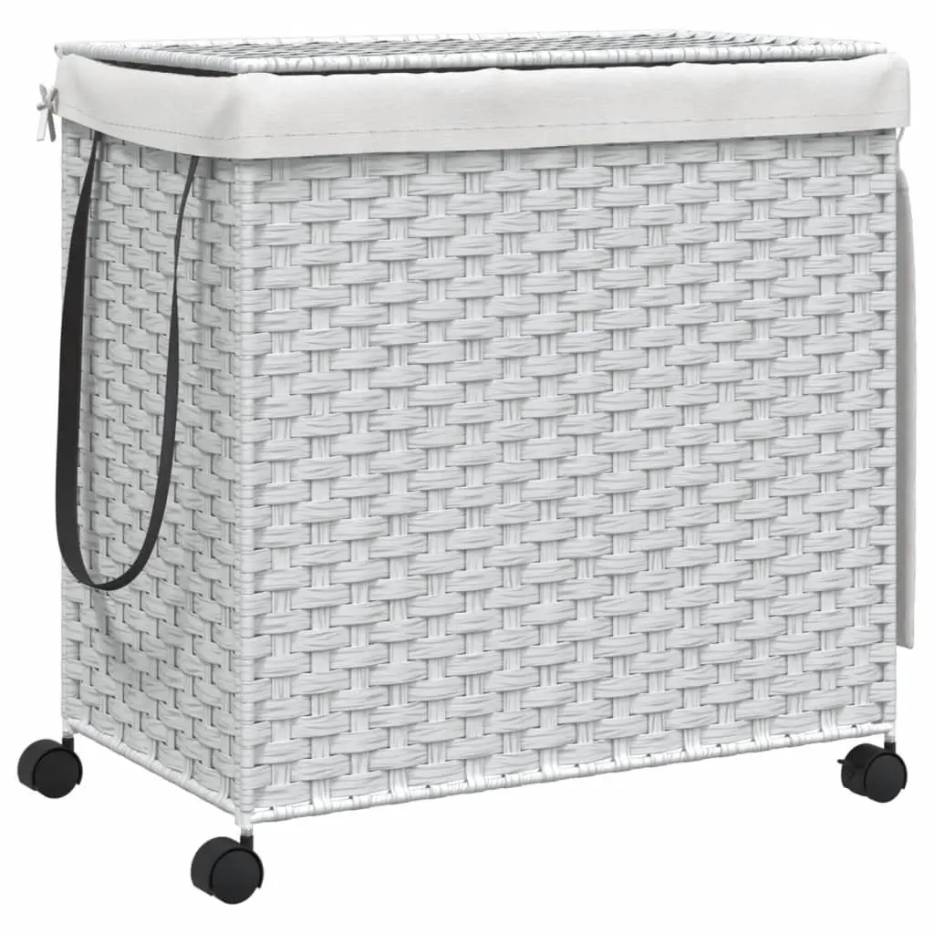 Rattan Laundry Hamper White 60x35x60.5cm with Lid 3 Compartments and Wheels