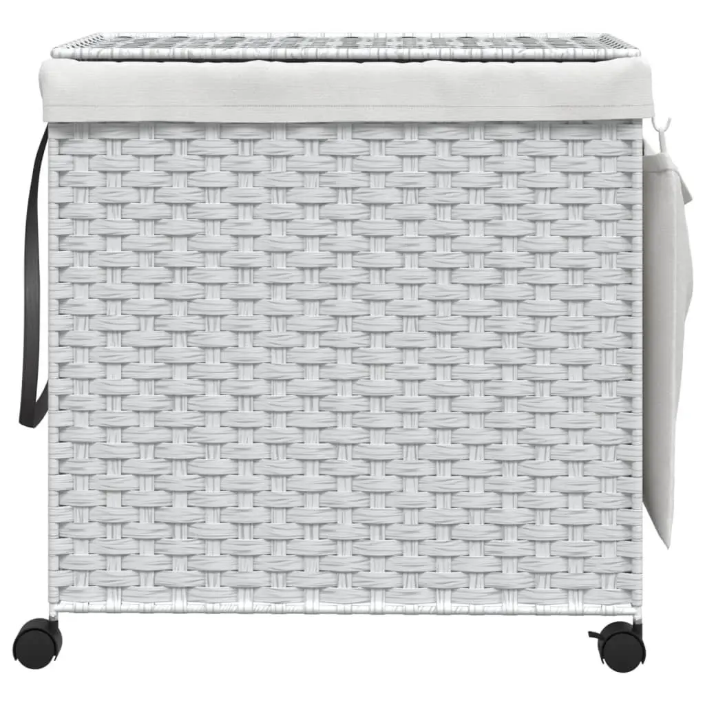 Rattan Laundry Hamper White 60x35x60.5cm with Lid 3 Compartments and Wheels