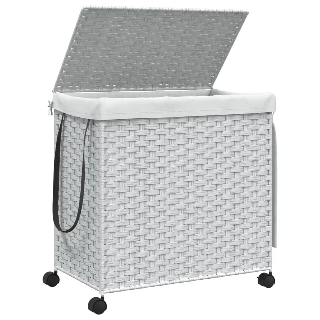 Rattan Laundry Hamper White 60x35x60.5cm with Lid 3 Compartments and Wheels