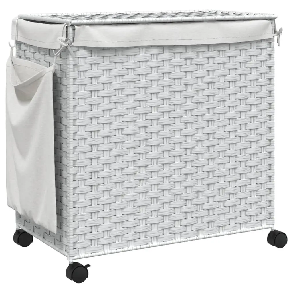 Rattan Laundry Hamper White 60x35x60.5cm with Lid 3 Compartments and Wheels
