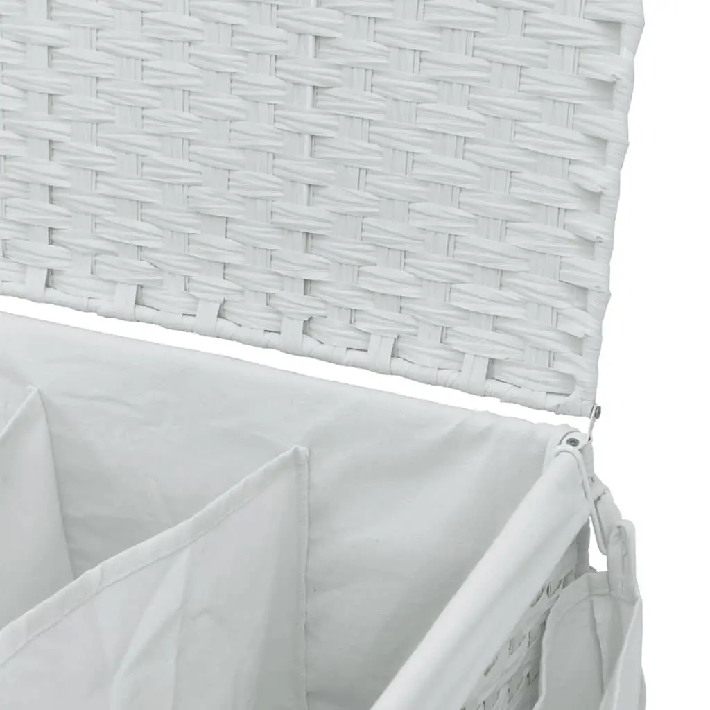 Rattan Laundry Hamper White 60x35x60.5cm with Lid 3 Compartments and Wheels