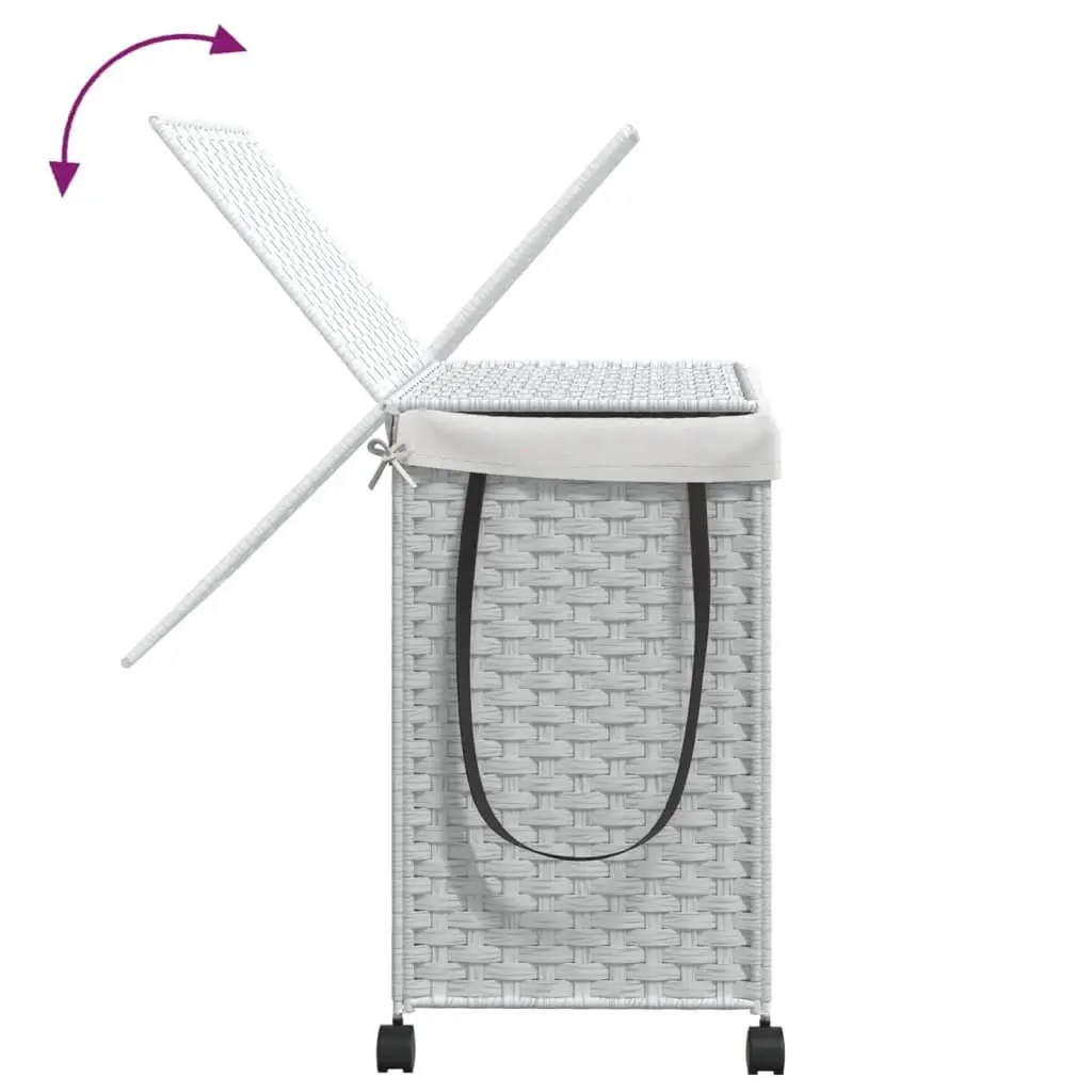 Rattan Laundry Hamper White 60x35x60.5cm with Lid 3 Compartments and Wheels