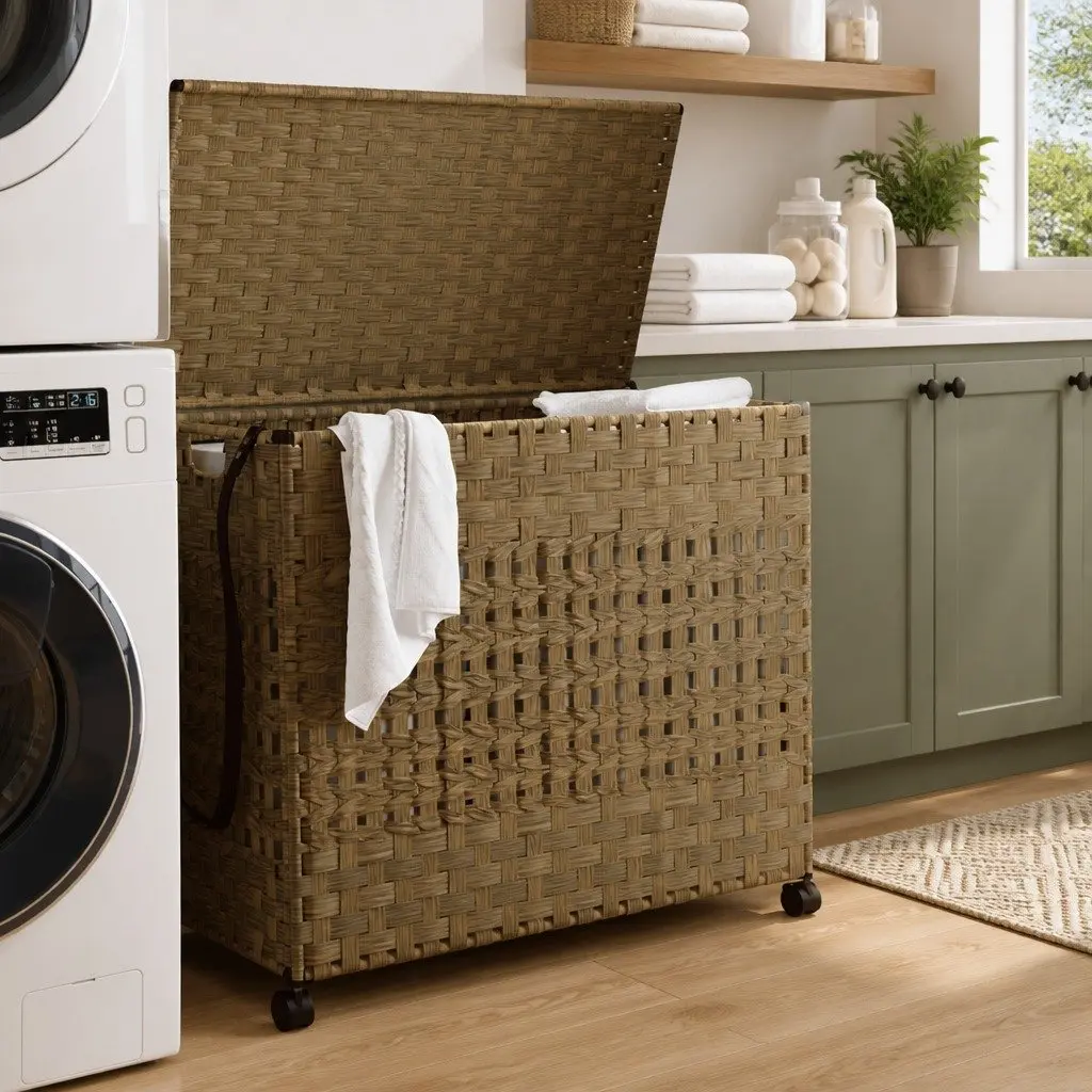 Rattan Laundry Basket with Wheels for Easy Use 66x35x60cm