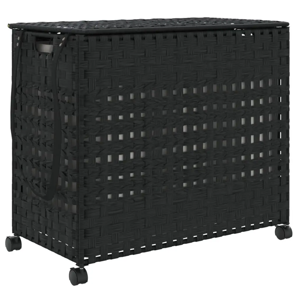 Laundry Basket with Wheels Black Rattan Hand-Woven 66x35x60cm Removable Bag