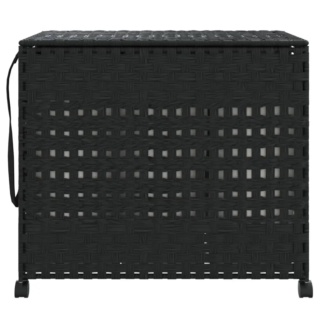 Laundry Basket with Wheels Black Rattan Hand-Woven 66x35x60cm Removable Bag