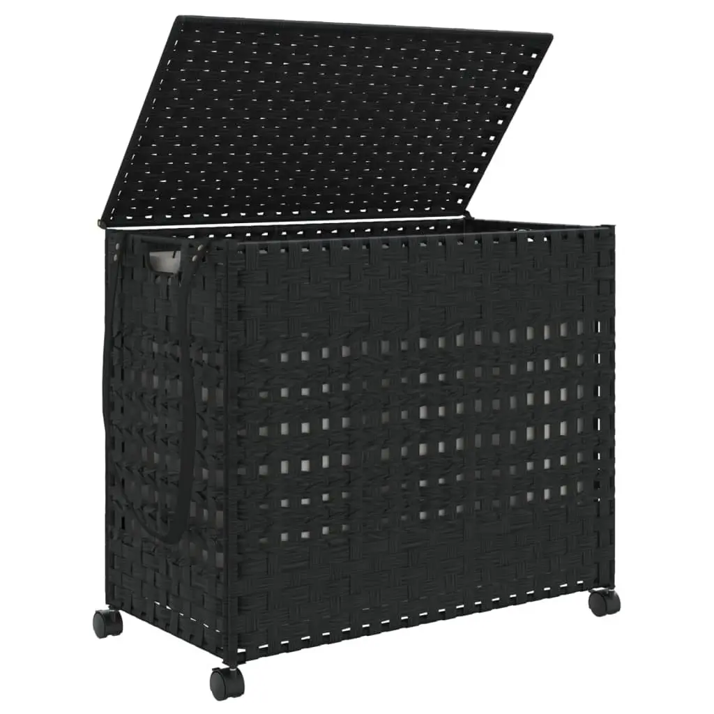 Laundry Basket with Wheels Black Rattan Hand-Woven 66x35x60cm Removable Bag