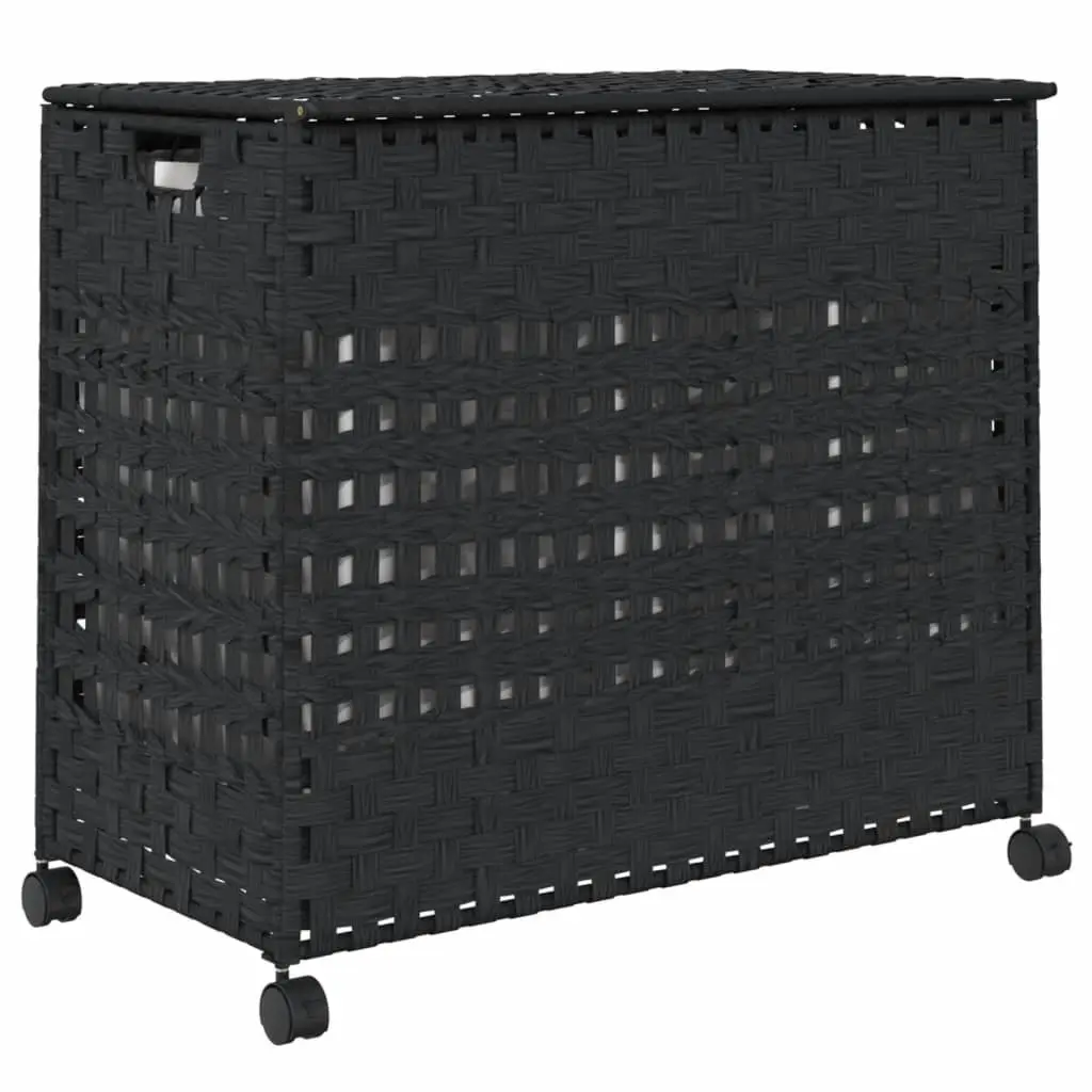 Laundry Basket with Wheels Black Rattan Hand-Woven 66x35x60cm Removable Bag