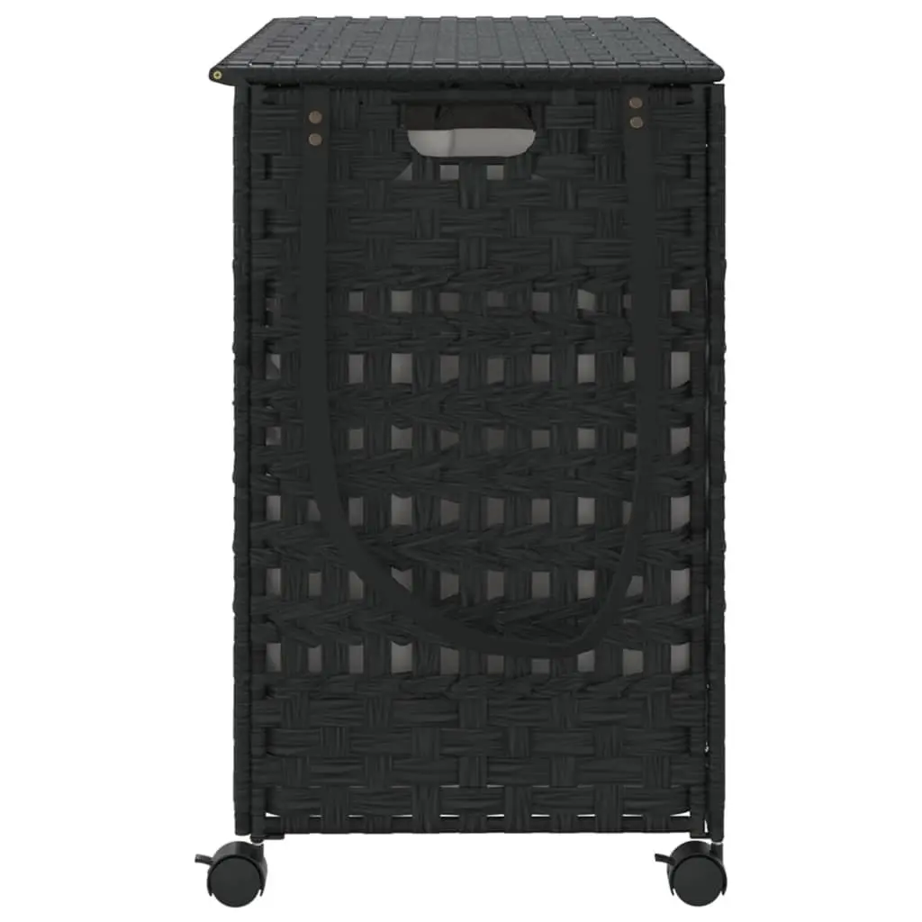 Laundry Basket with Wheels Black Rattan Hand-Woven 66x35x60cm Removable Bag