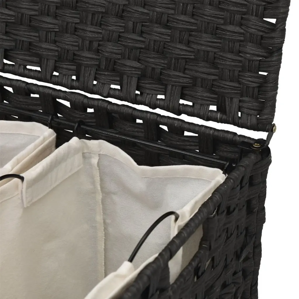 Laundry Basket with Wheels Black Rattan Hand-Woven 66x35x60cm Removable Bag