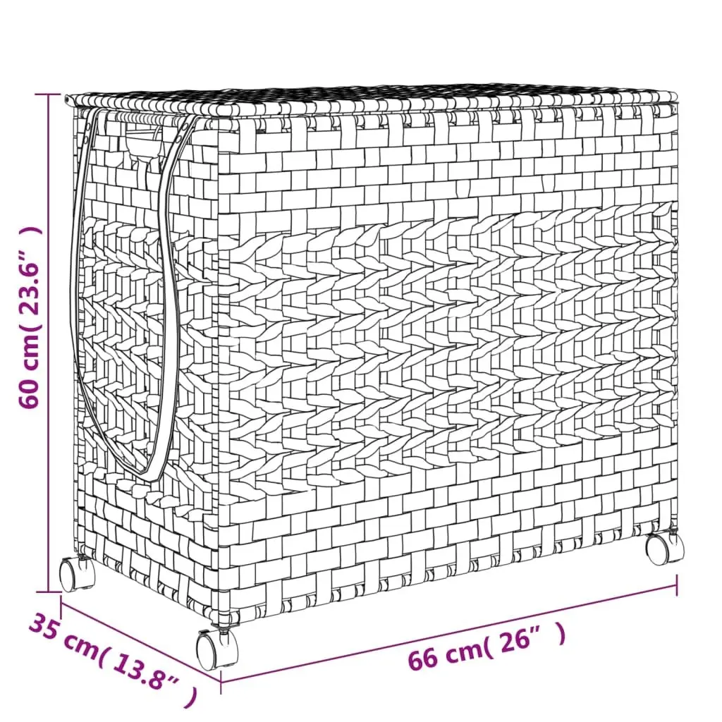 Laundry Basket with Wheels Black Rattan Hand-Woven 66x35x60cm Removable Bag