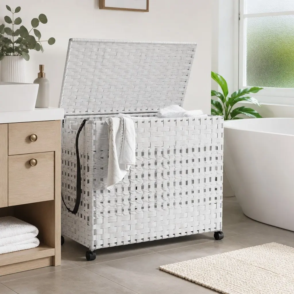 Rattan Laundry Basket with Wheels for Home Use
