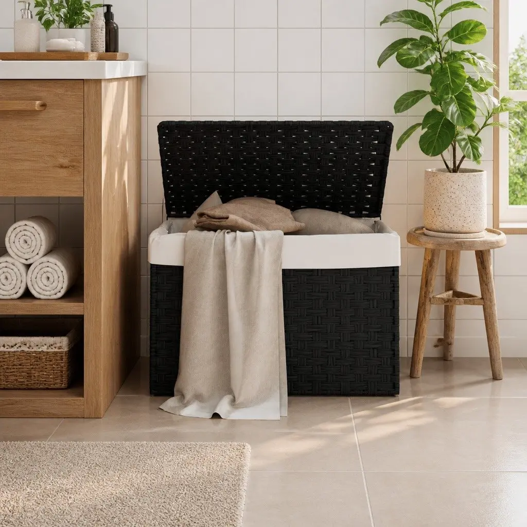 Laundry Basket with Lid Poly Rattan 55.5x35x34cm Black Foldable Storage Bin