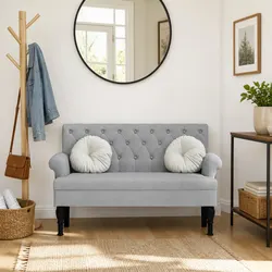 Fabric Bench with Backrest Grey Padded Seating Button Tufted Armrests Home