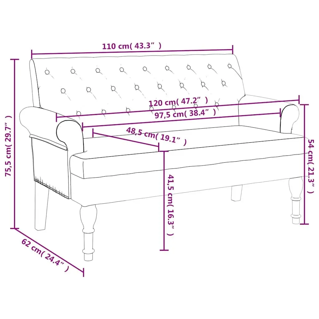 Fabric Bench with Backrest Grey Padded Seating Button Tufted Armrests 120 x 62 x 75.5 cm