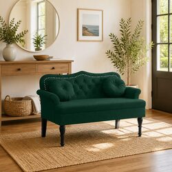 Bench with Cushions Dark Green Velvet Seating Padded Backrest Armrests