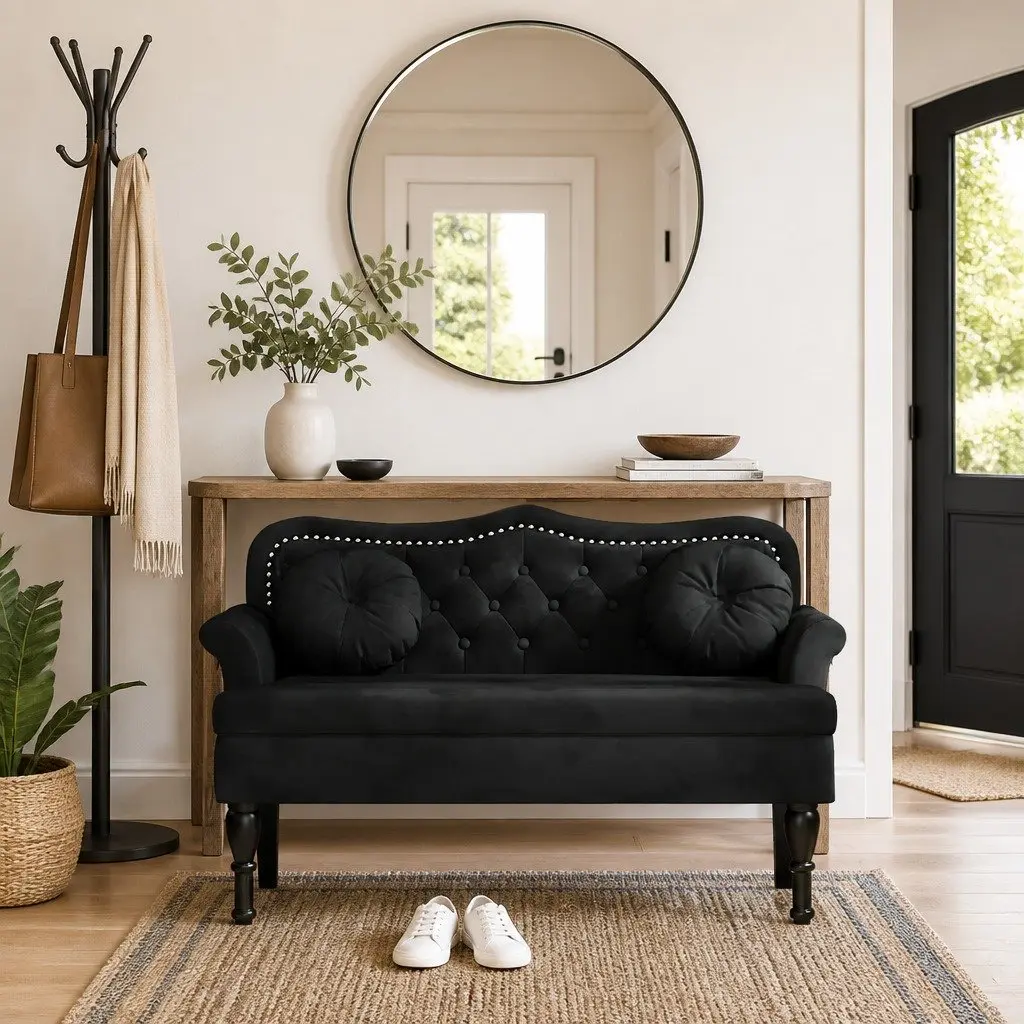 Bench Velvet Black with Cushions Backrest Armrests Button Tufts
