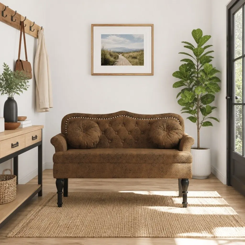 Bench Faux Suede Upholstered Seat Backrest Armrests Brown 1205 x 650 x 750 mm