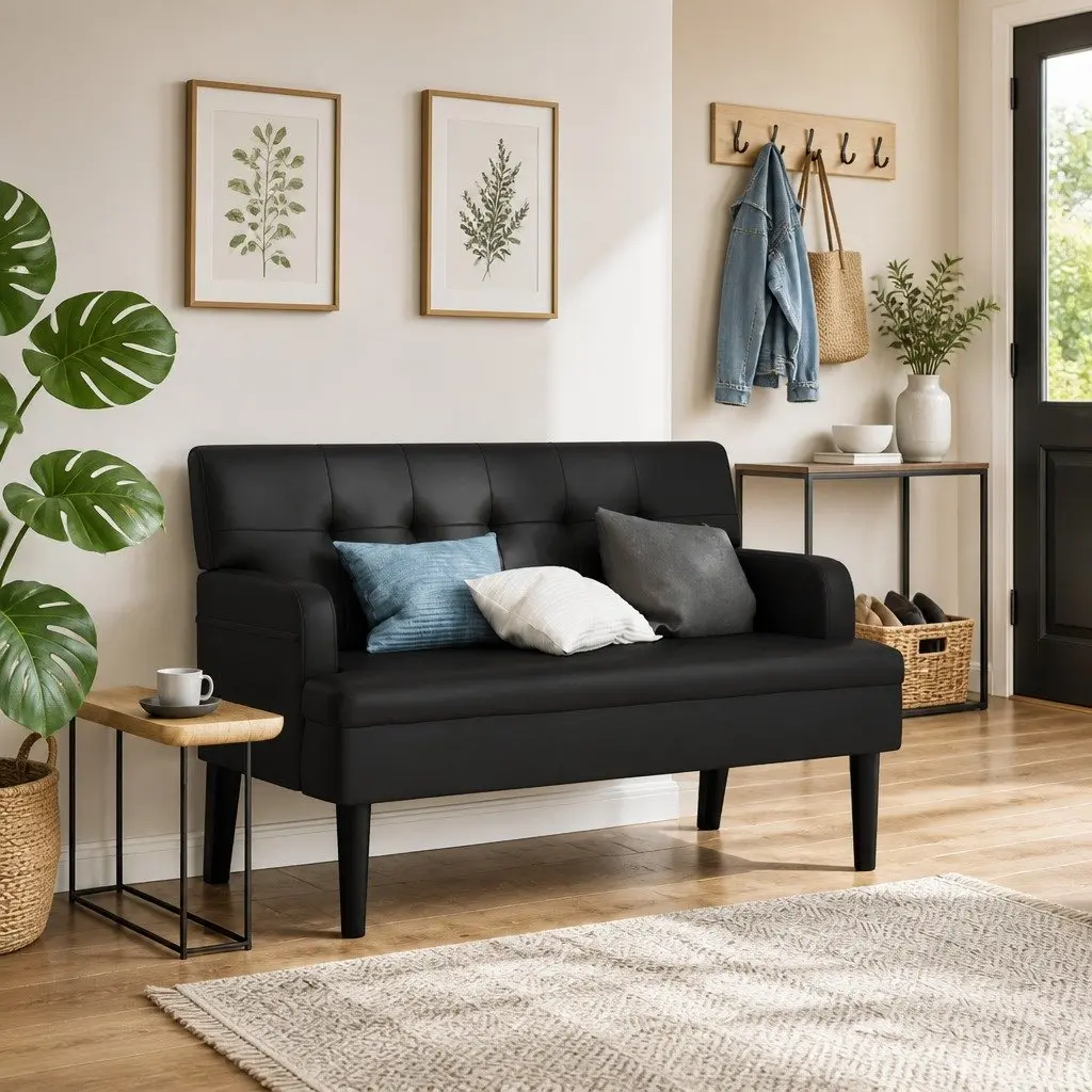 Bench Faux Leather Padded Seat Black with Backrest and Armrests 112 x 65.5 x 75 cm