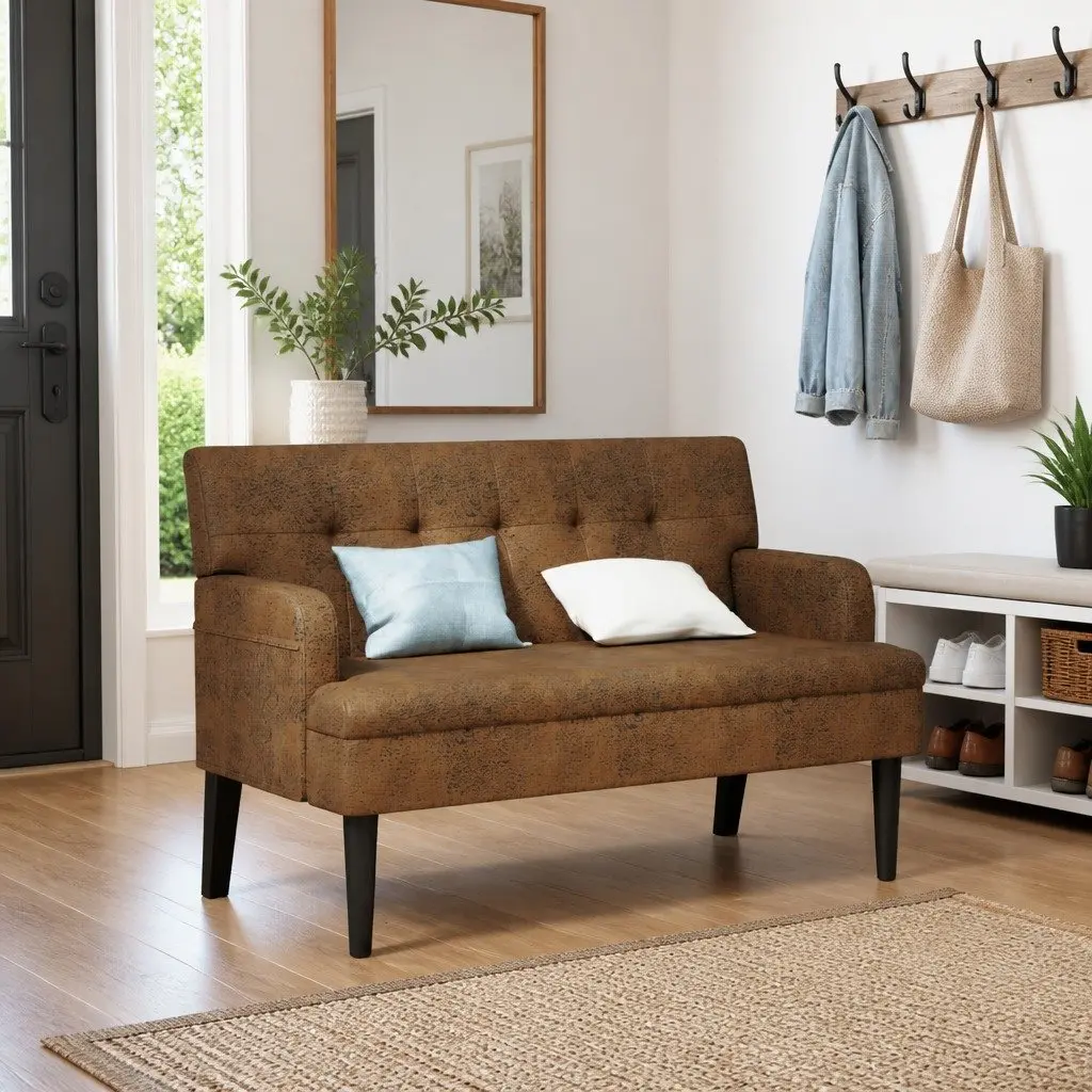 Brown Faux Suede Leather Bench Padded Seating with Backrest Armrests Wooden Feet 112x65.5x75cm
