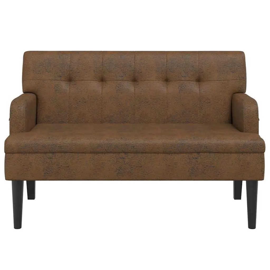 Brown Faux Suede Leather Bench Padded Seating with Backrest Armrests Wooden Feet 112x65.5x75cm