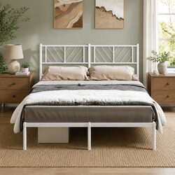 Practical White Metal Bed Frame with Headboard