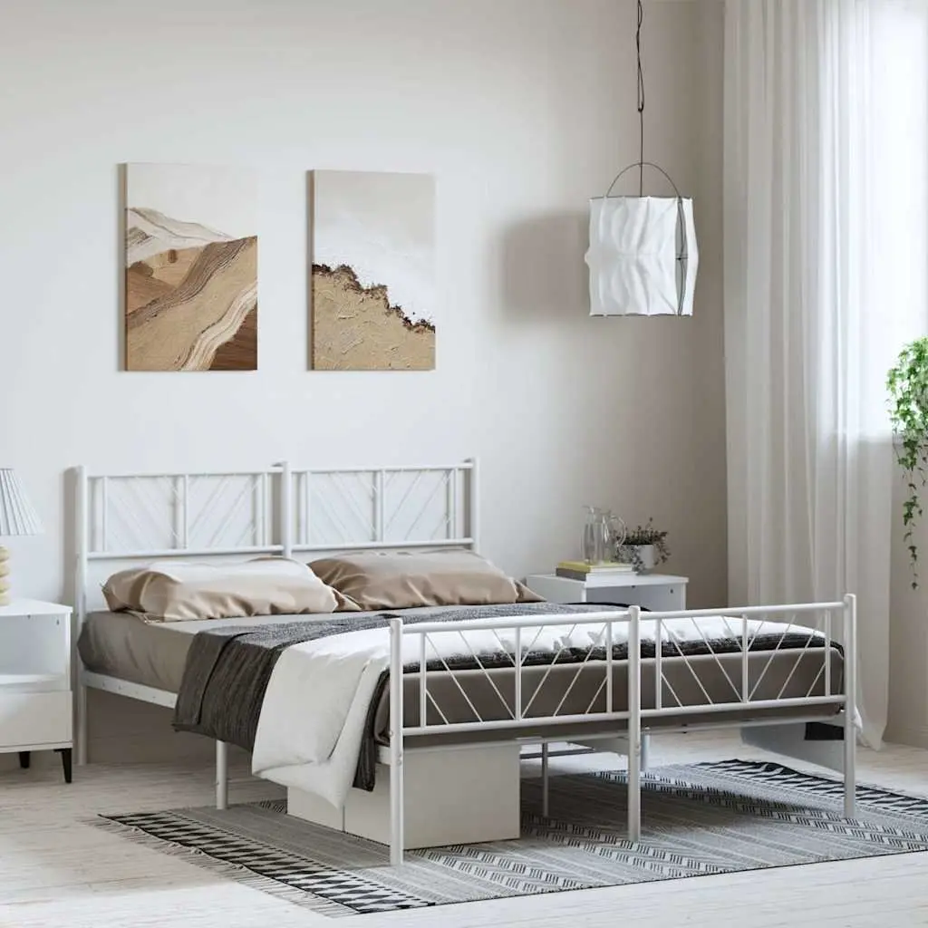 Metal Bed Frame 150x200 cm with Footboard Headboard White Bedroom Furniture