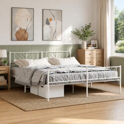 Metal Bed Frame King 183x203cm with Footboard Slatted Base White Bedroom