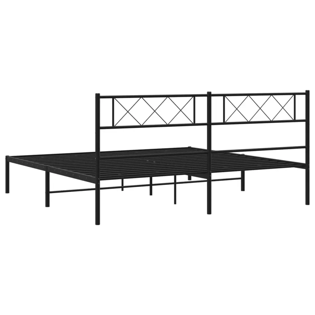 King Metal Bed Frame with Headboard Black Bedroom Furniture Steel Slatted Base