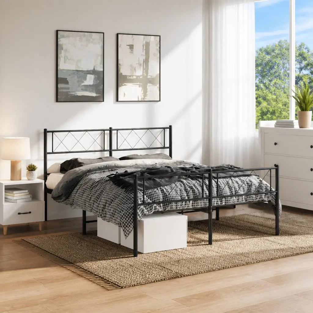 Metal Bed Frame Black 135x190cm Powder Coated Steel Construction Slats Support Footboard
