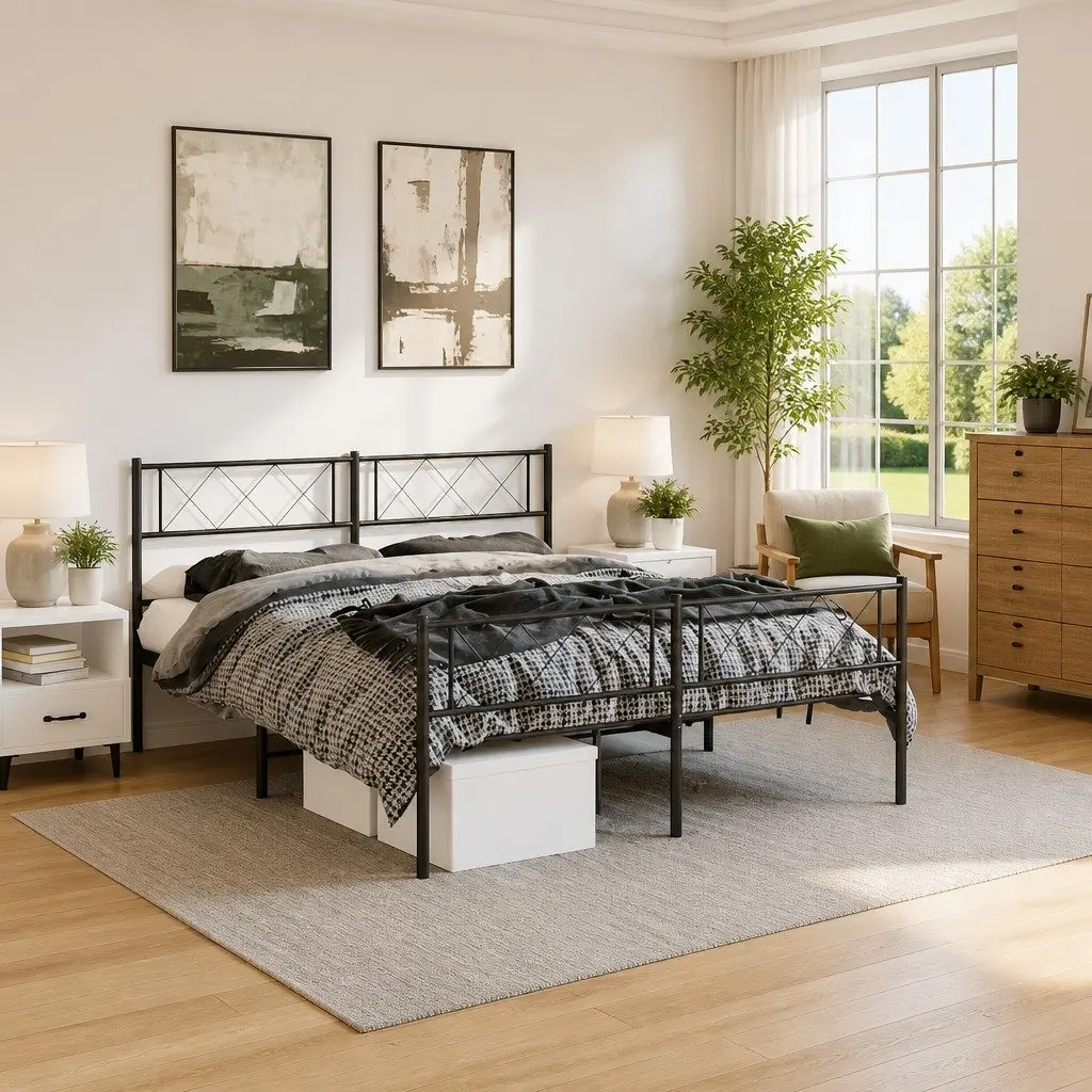 Black Metal Bed Frame with Footboard 150x200cm Slatted Base Sturdy Powder-Coated Steel Construction for Bedroom Furniture