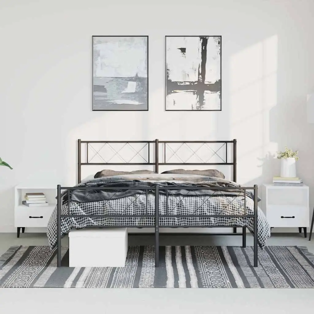Black Metal Bed Frame with Footboard 150x200cm Slatted Base Sturdy Powder-Coated Steel Construction for Bedroom Furniture