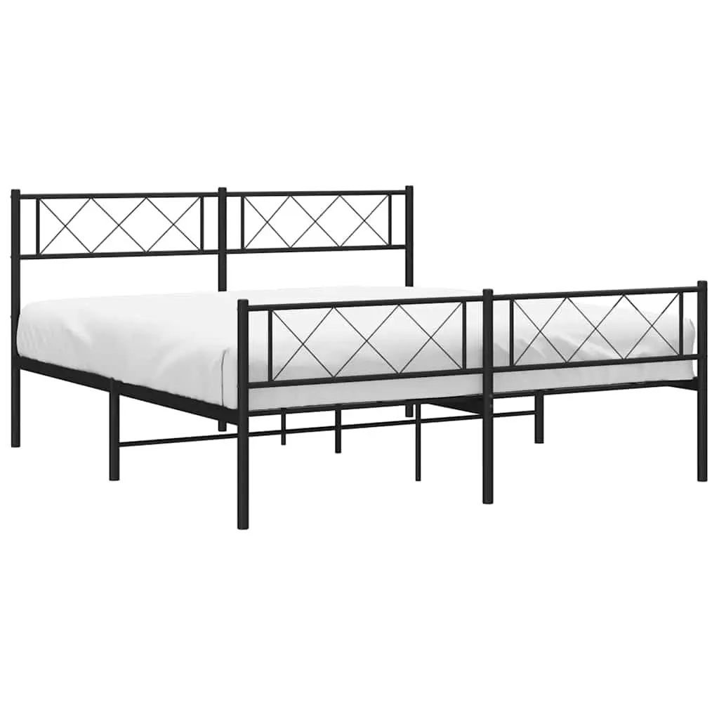 Black Metal Bed Frame with Footboard 150x200cm Slatted Base Sturdy Powder-Coated Steel Construction for Bedroom Furniture