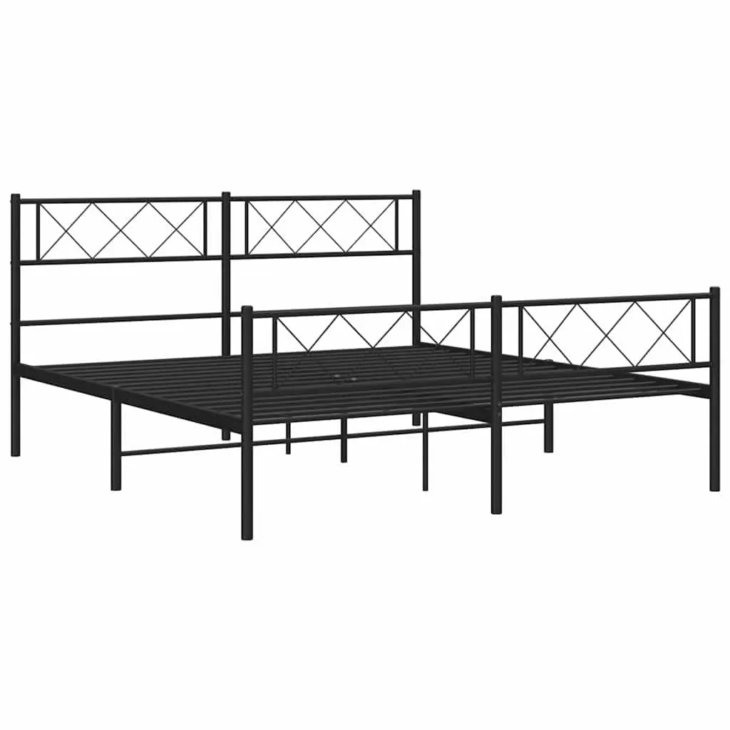 Black Metal Bed Frame with Footboard 150x200cm Slatted Base Sturdy Powder-Coated Steel Construction for Bedroom Furniture