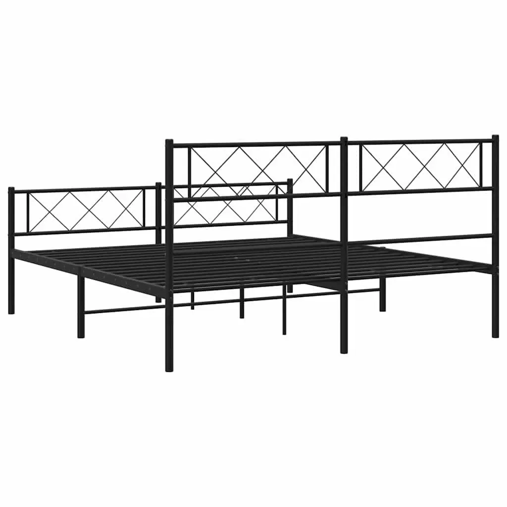 Black Metal Bed Frame with Footboard 150x200cm Slatted Base Sturdy Powder-Coated Steel Construction for Bedroom Furniture