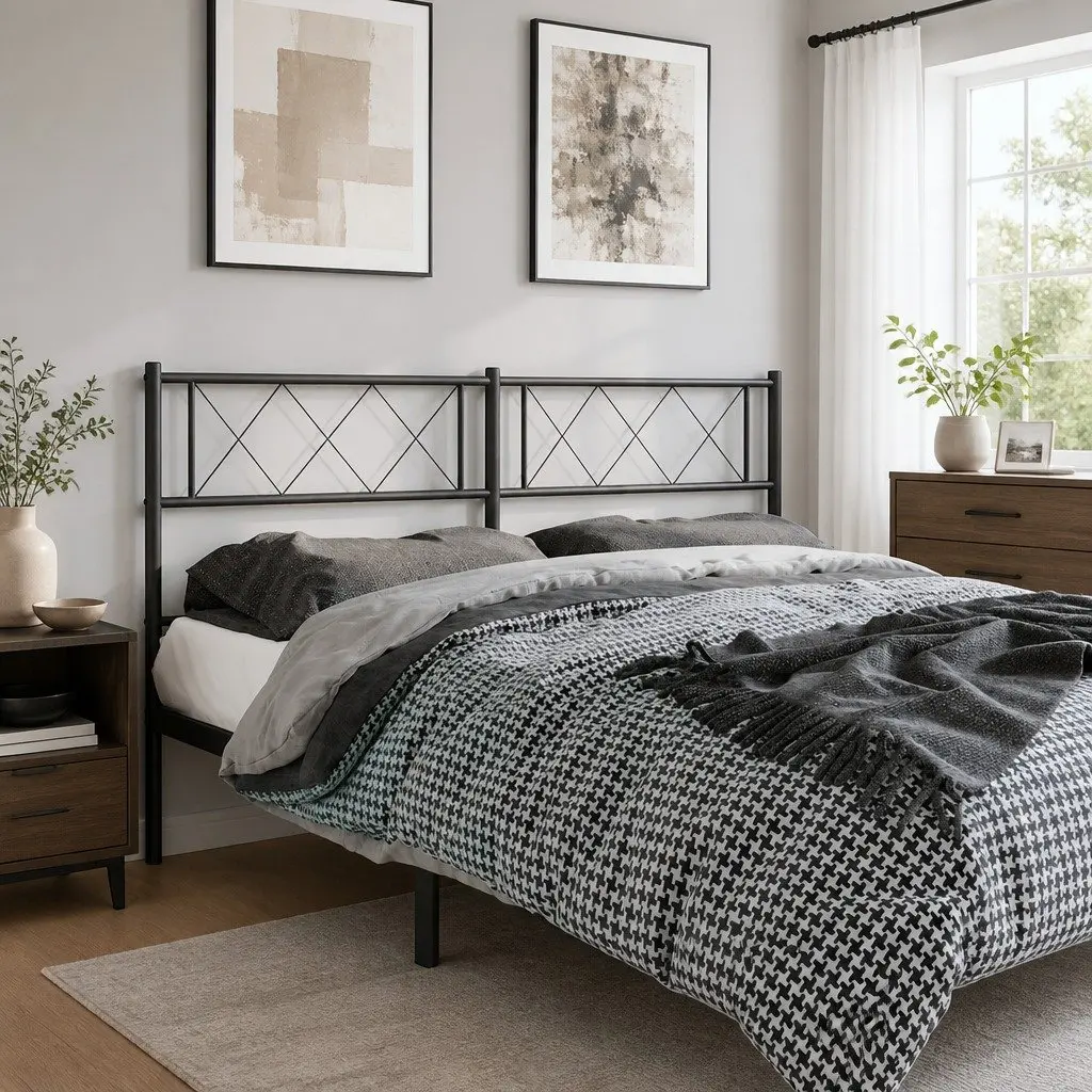 Metal Headboard Black 135cm Bed Frame Header Powder Coated Steel Bedroom