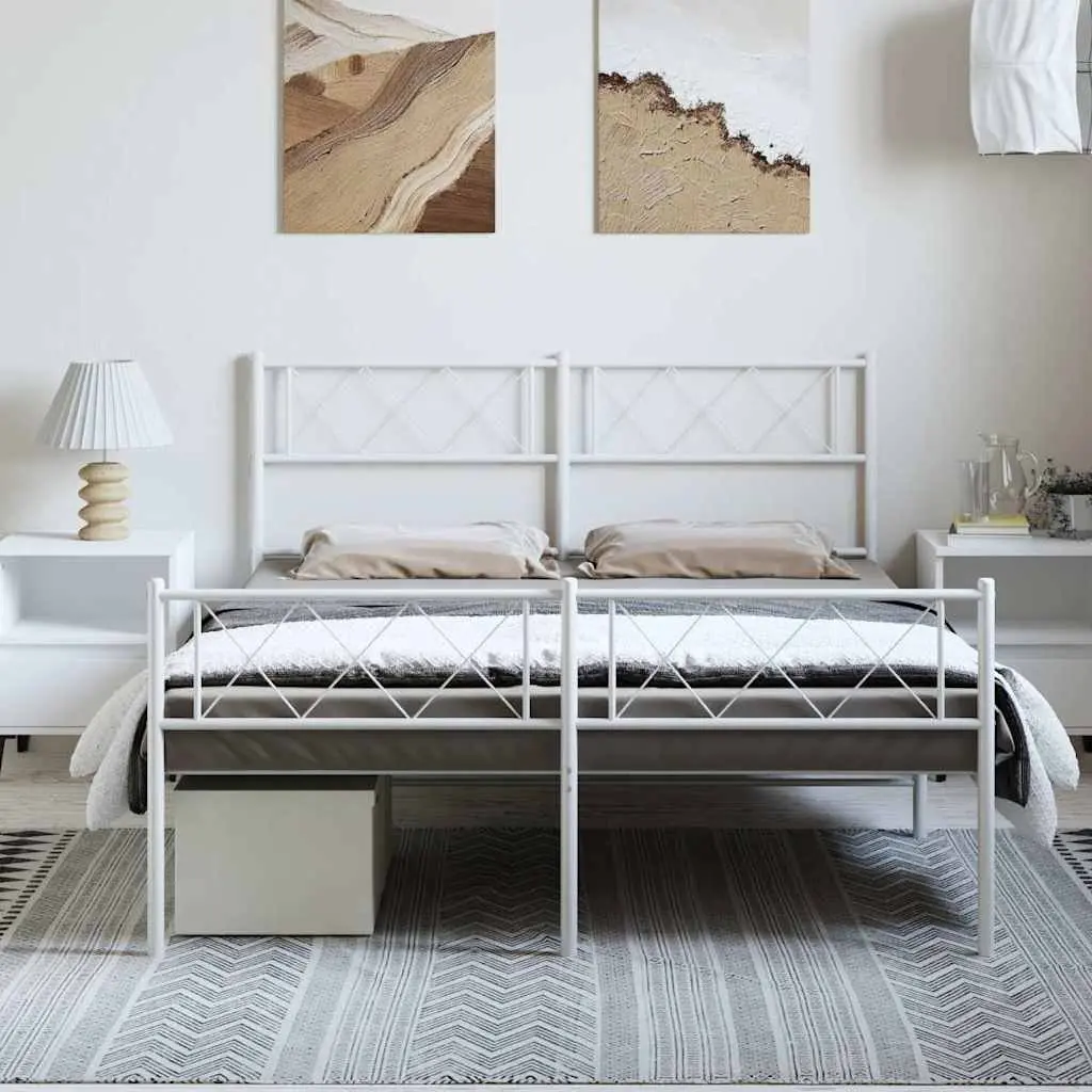 Metal Bed Frame White 135x190cm Bedroom Furniture Headboard Footboard Slats