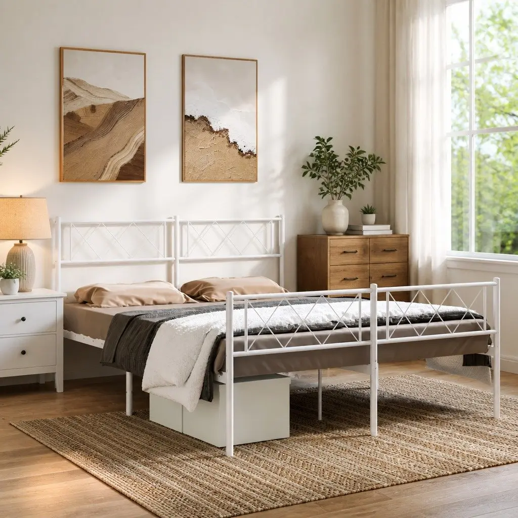 Metal Bed Frame Powder-coated Steel 150x200 cm White with Footboard and Headboard