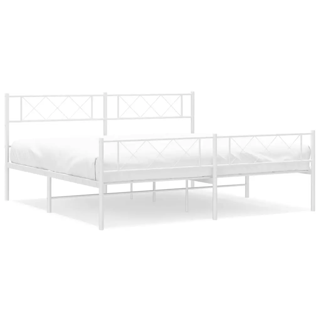 King Bed Frame White Powder-Coated Steel 183x203cm with Footboard and Headboard for Bedroom