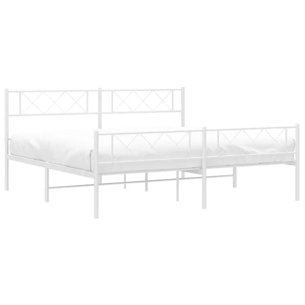 King Bed Frame White Powder-Coated Steel 183x203cm with Footboard and Headboard for Bedroom