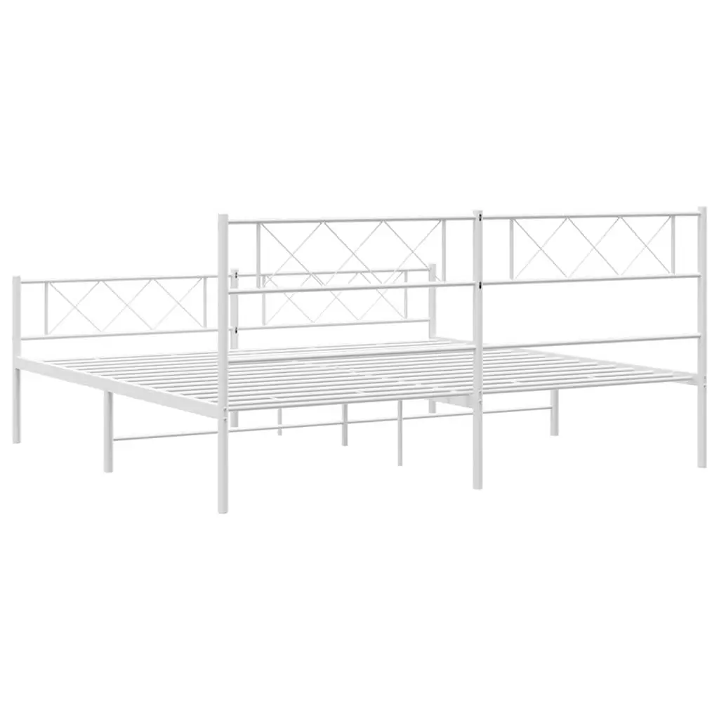 King Bed Frame White Powder-Coated Steel 183x203cm with Footboard and Headboard for Bedroom