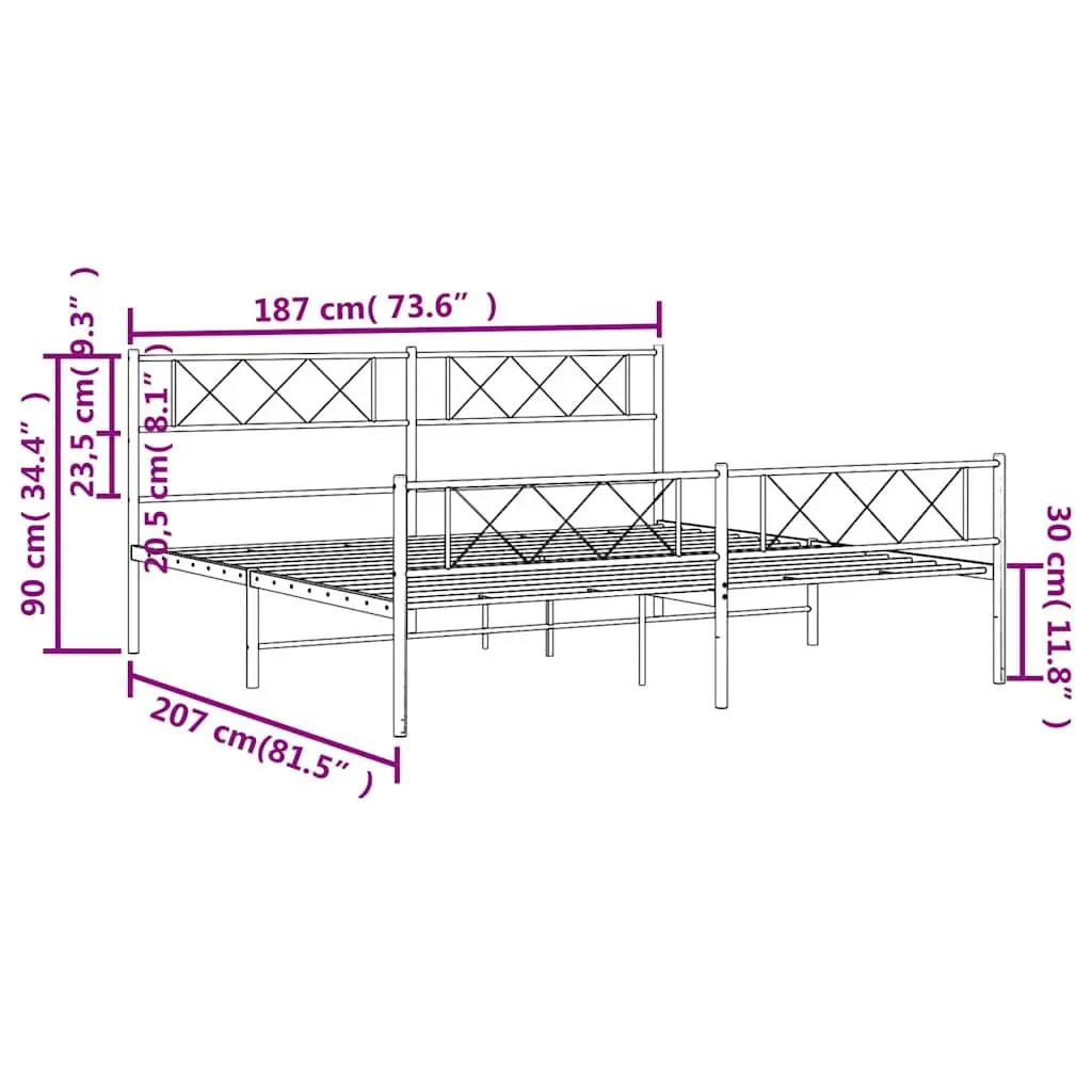 King Bed Frame White Powder-Coated Steel 183x203cm with Footboard and Headboard for Bedroom