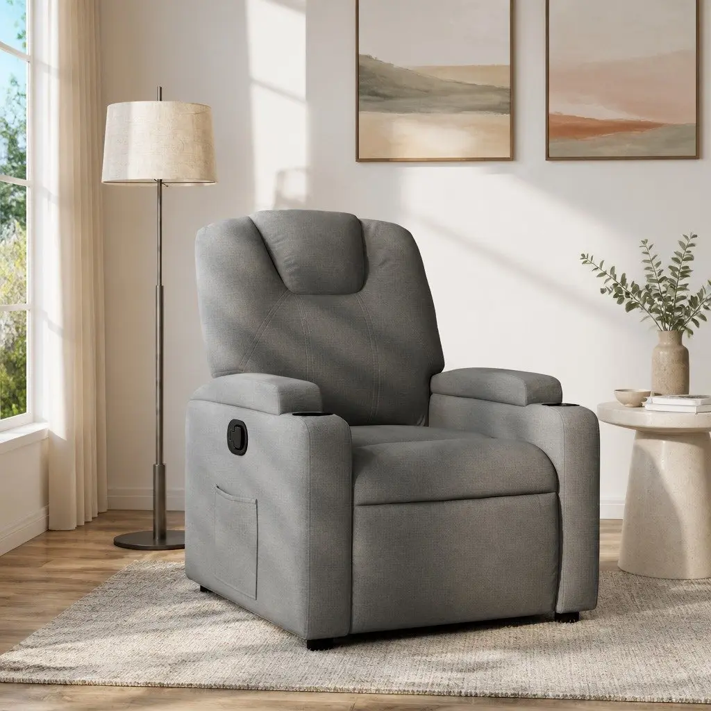 Grey Fabric Manual Recliner Armchair with Adjustable Footrest and Cup Holders