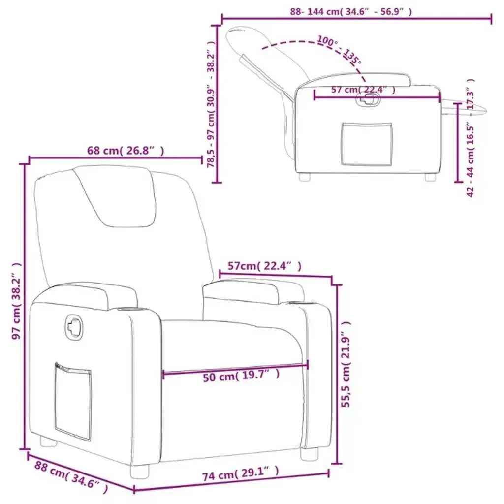 Grey Fabric Manual Recliner Armchair with Adjustable Footrest and Cup Holders