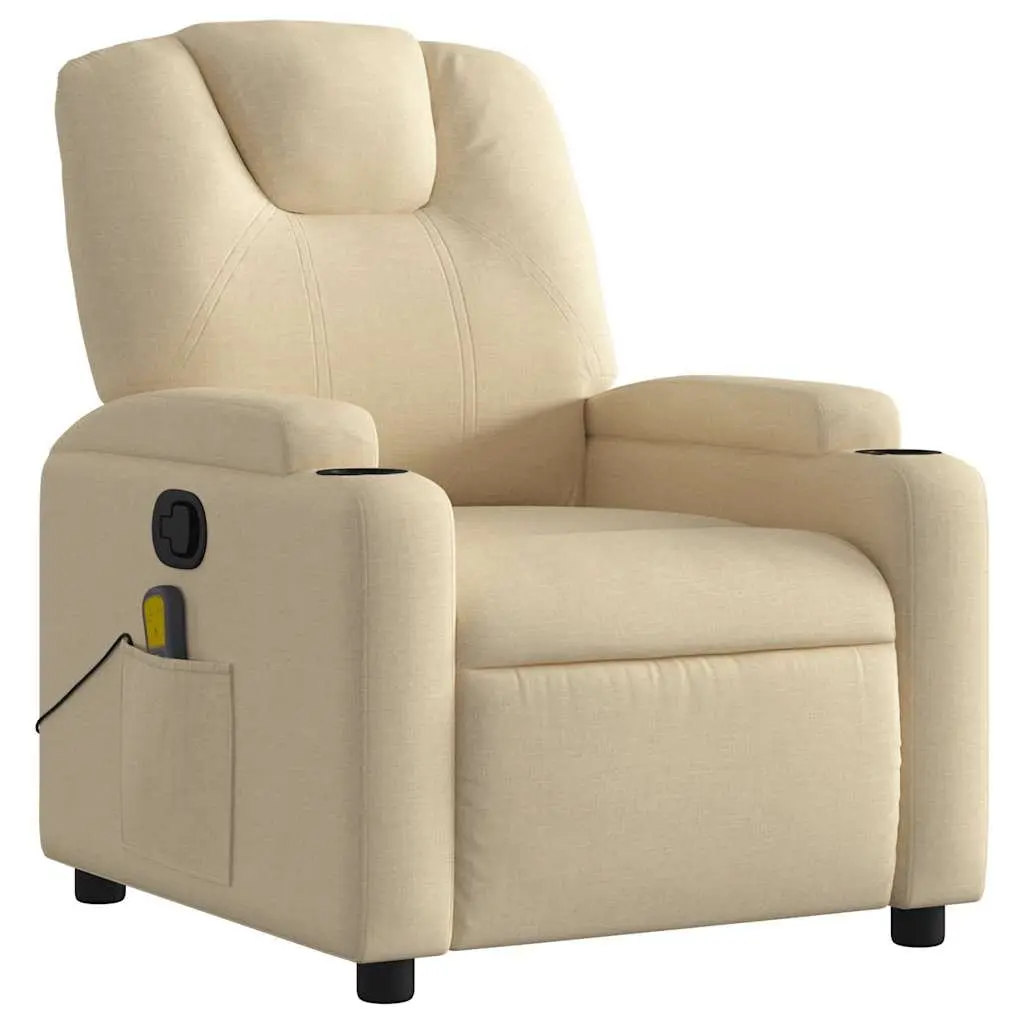 Recliner Chair Cream Fabric Manual Recline Vibration Massage Armchair with Cup Holders and Storage Pocket
